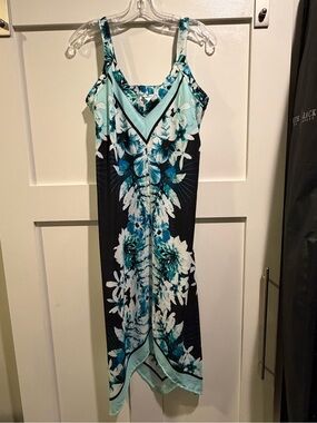 New York & Company Teal, Aqua and Black Floral Midi Dress